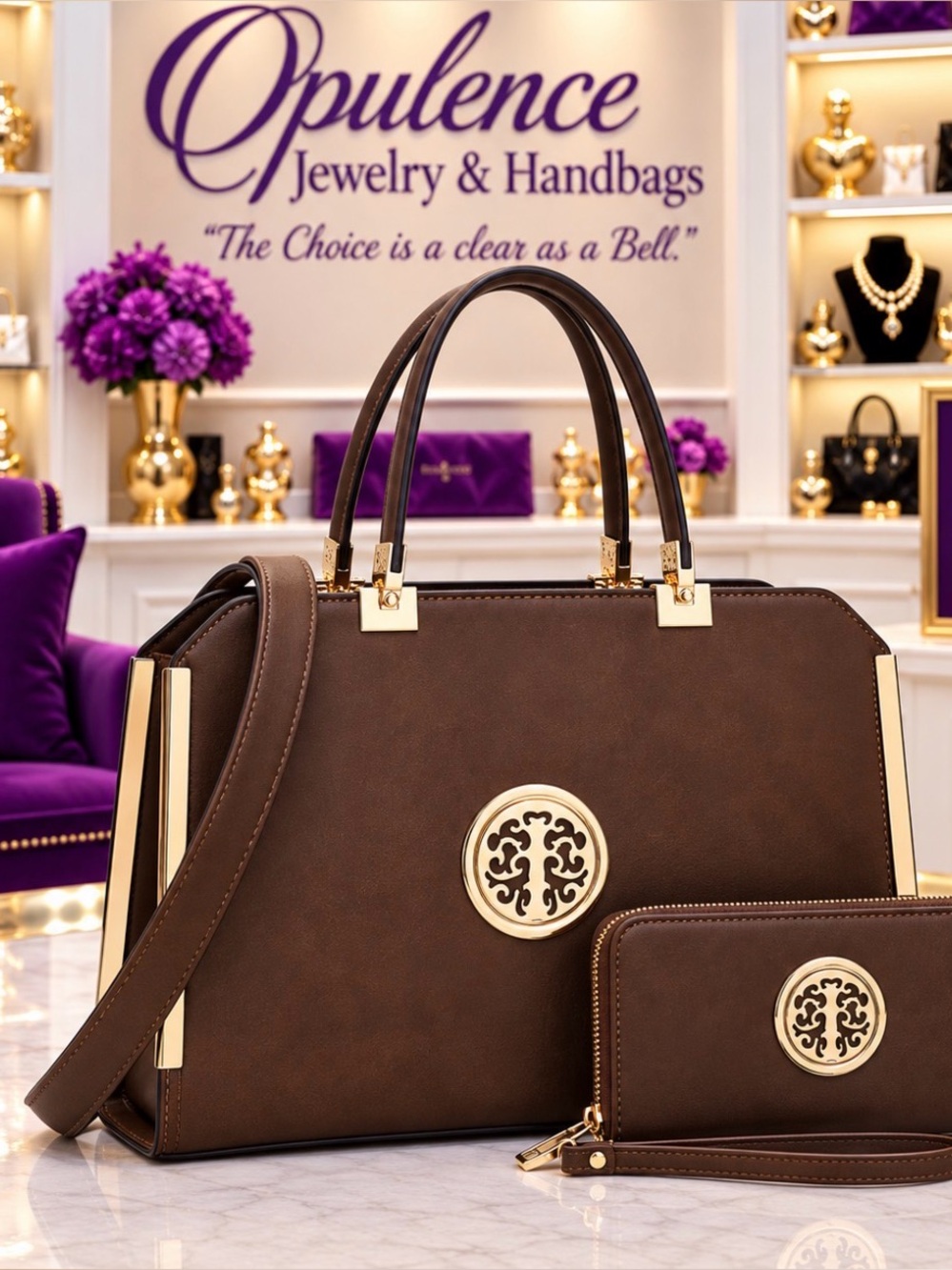 Brown Structured Tote Bag with Wallet -